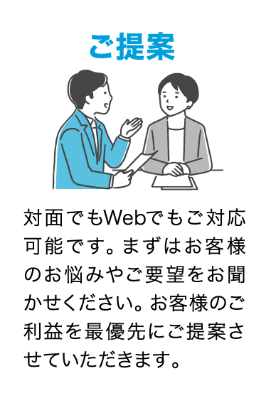 ②ご提案　対面でもWebでもご対応可能です。まずはお客様のお悩みやご要望をお聞かせください。お客様のご利益を最優先にご提案させていただきます。