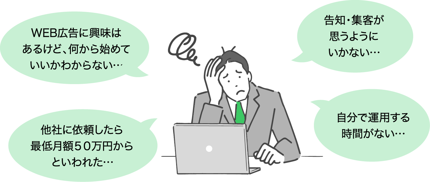 WEB広告に興味はあるけど、何から始めていいかわからない・・・　告知・集客が思うようにいかない・・・　他社に依頼したら最低月額50万円からといわれた・・・　自分で運用する時間がない・・・