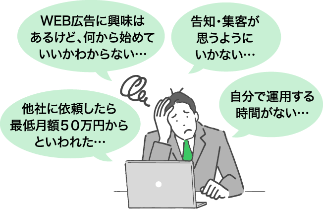 WEB広告に興味はあるけど、何から始めていいかわからない・・・　告知・集客が思うようにいかない・・・　他社に依頼したら最低月額50万円からといわれた・・・　自分で運用する時間がない・・・
