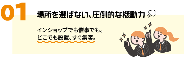 ポイント01：場所を選ばない、圧倒的な機動性。インショップでも催事でも、どこでも設置ですぐに集客。